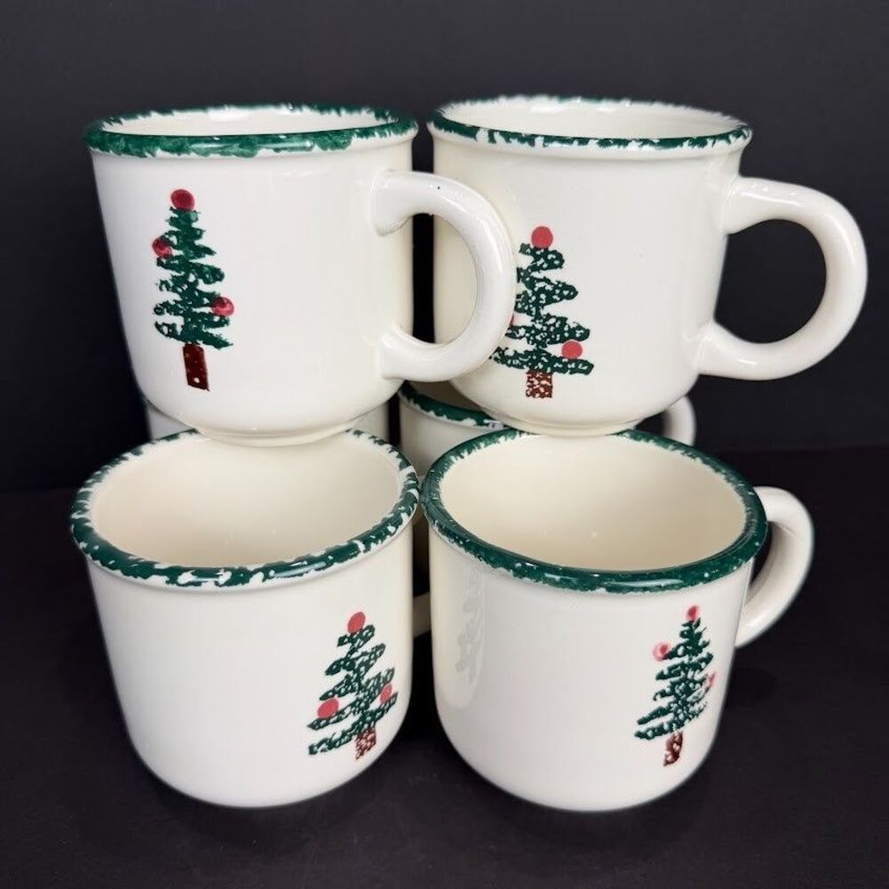 Set of 6 Vintage Furio by La Primula Italy Spongeware Christmas Tree Mugs